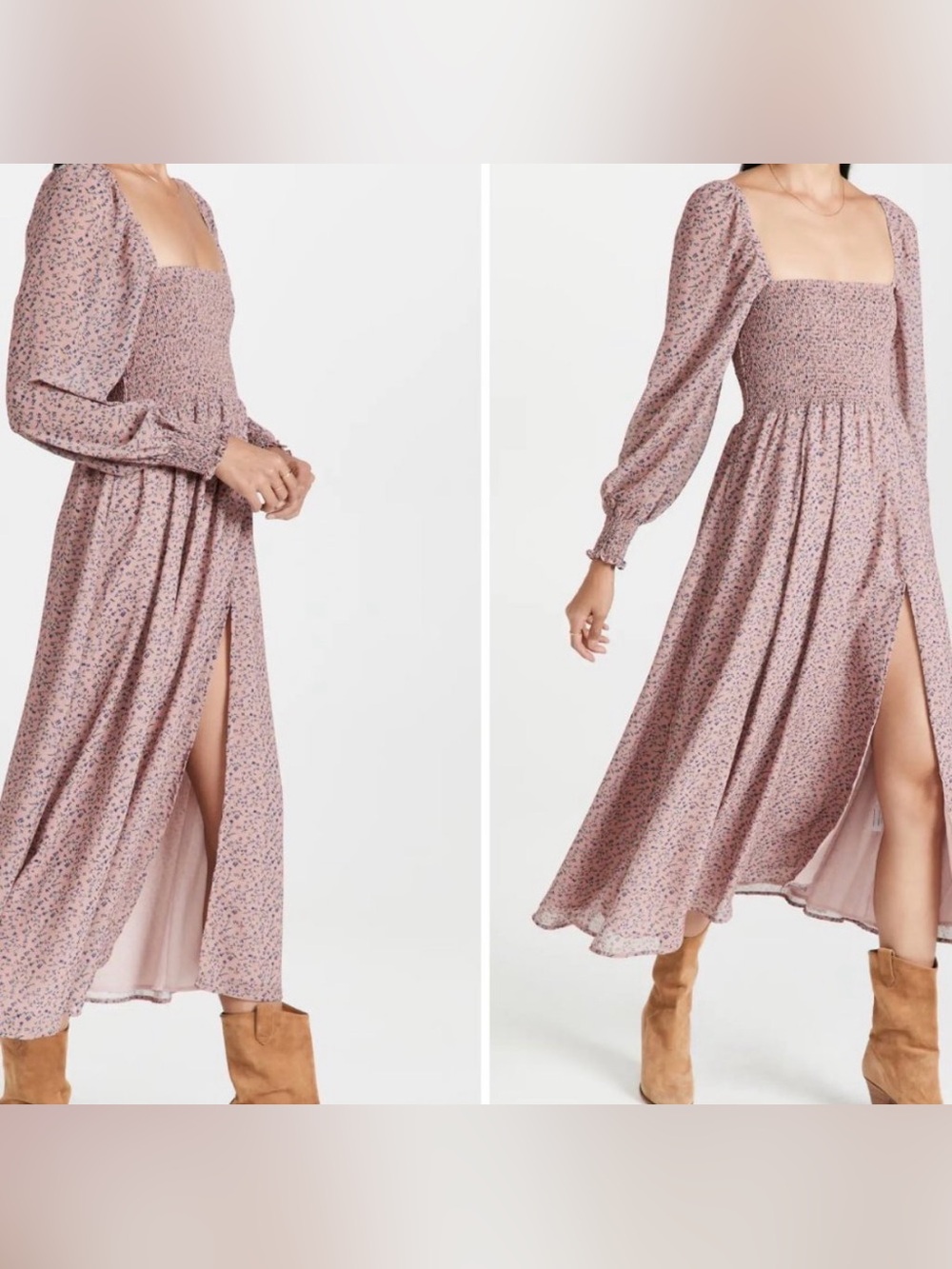 O.P.T x Anthropology Smocked Square-Neck Maxi Dress in Dusty Pink Floral.Medium